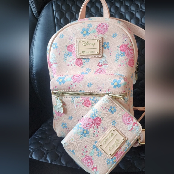 Disney Handbags - Disney Pink Floral Mini Backpack with Matching Wallet